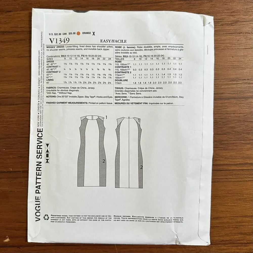 NEW Vogue V1349 Sewing Pattern Dress Size 16 18 20 22 24 UNCUT FF Donna Karan